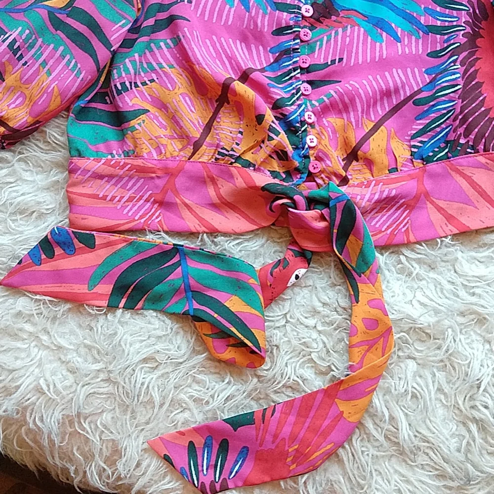 Joie Tropical Rio Parrot Cropped Balloon Sleeve Button Down Tie Front Top S